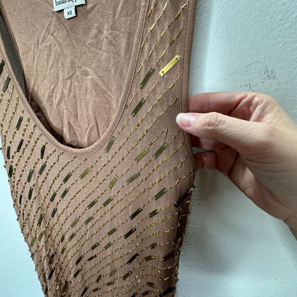 Haute Hippie Chocolate Brown Tank Mini Dress Side Ruche Gold & Beaded Adornment - Picture 6 of 14